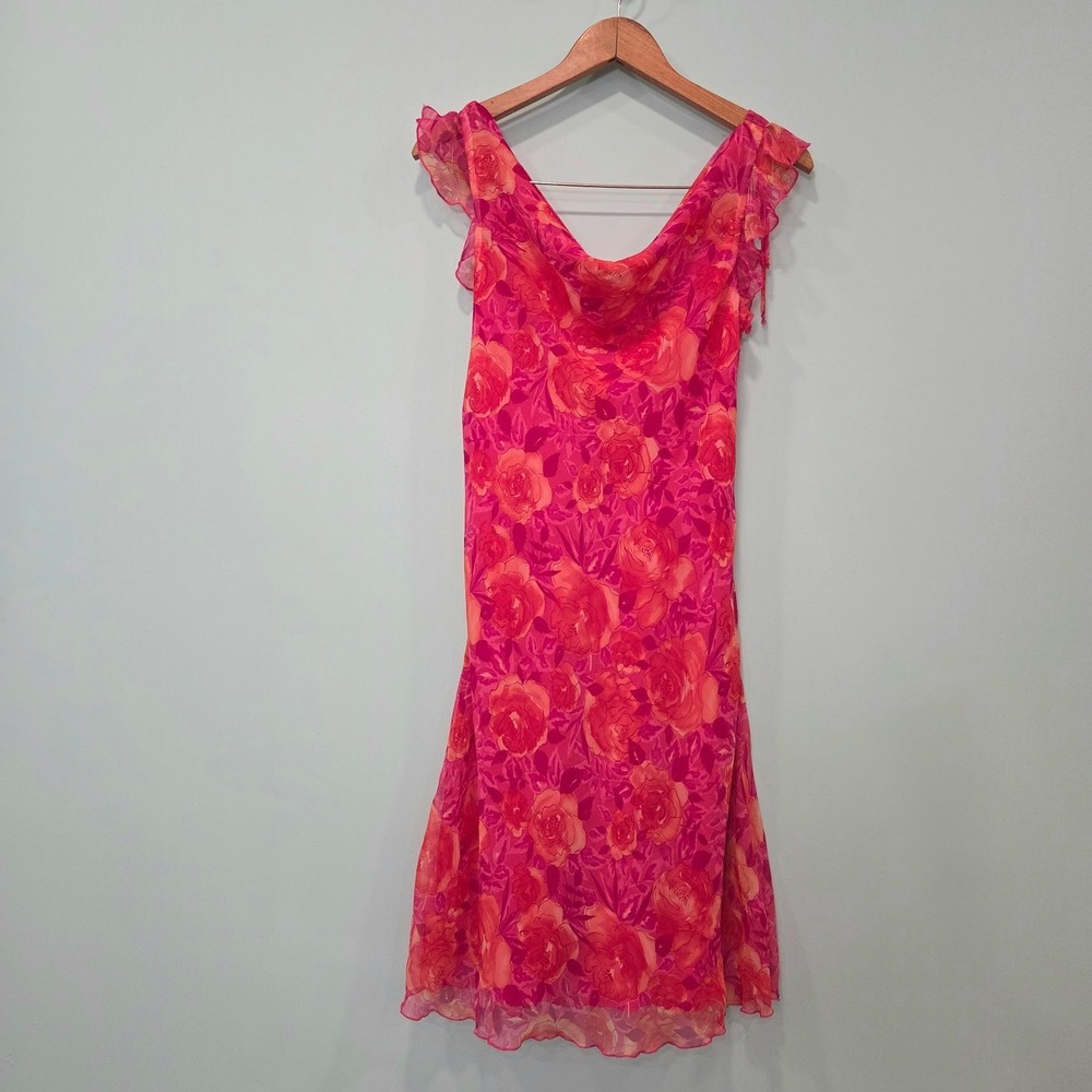 Vintage 90s CDC dress Floral cowl neck Slip Knee Length Hawaiian Rose Ruffle 8P